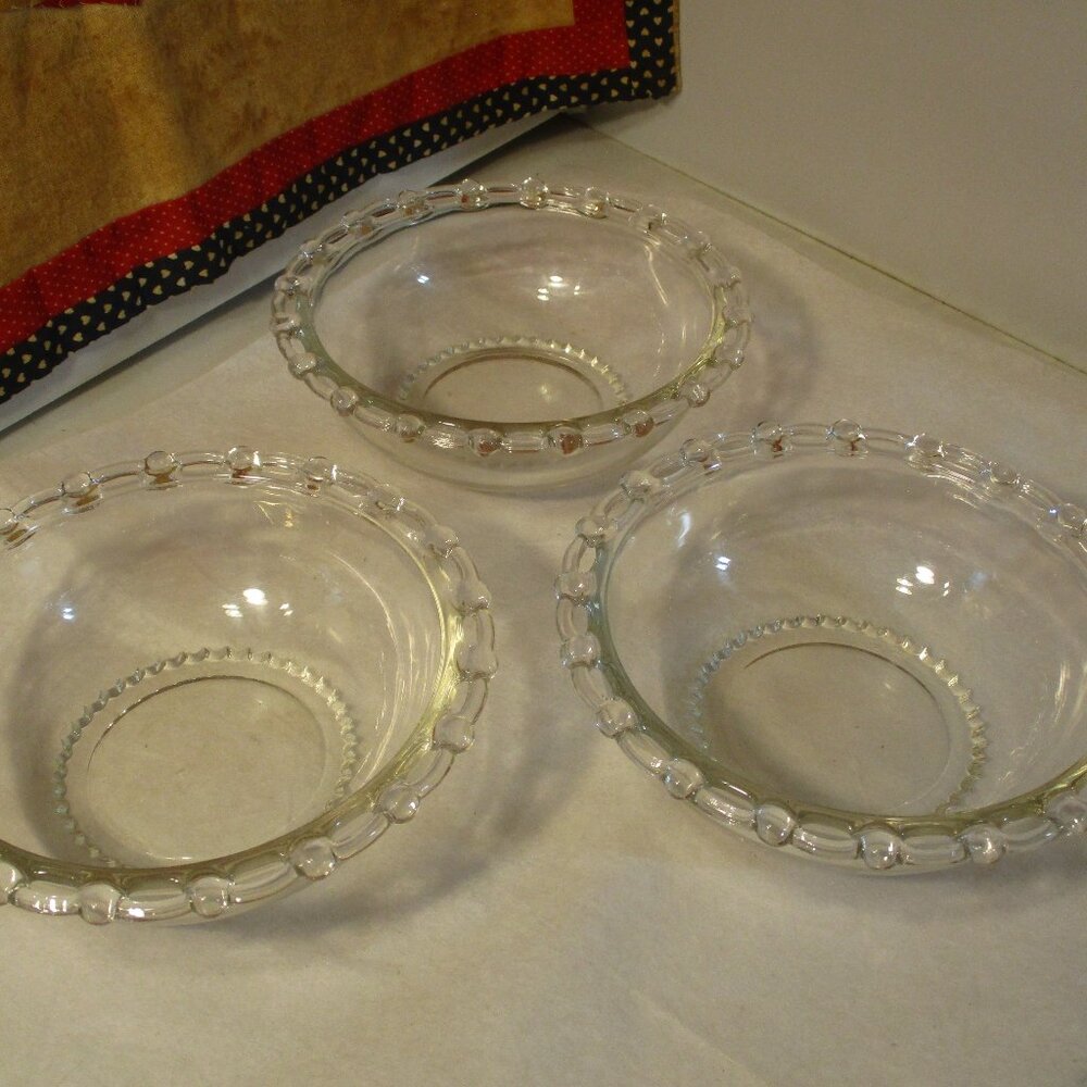 Lot of 3 Vintage Clear Orchard  Glass Richelieu Lacy Edge Dessert Fruit Bowls